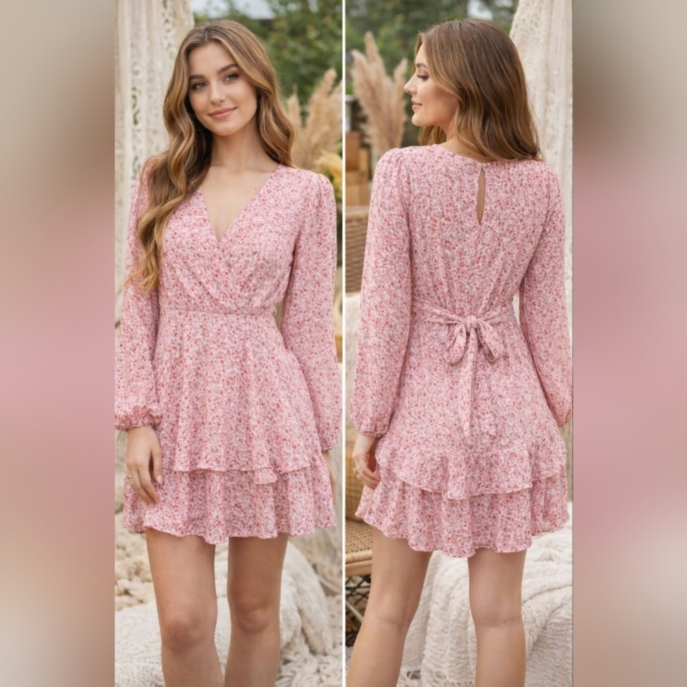 Japna Pink Floral Mini Dress Long Sleeve Ruffle Tiered Boho Cottagecore Romantic
